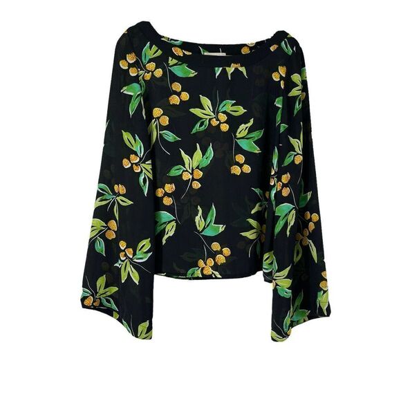 Flare Sleeve Floral Top Black Yellow Womens Size Small Flora Fauna Finn & Grace - Picture 1 of 7